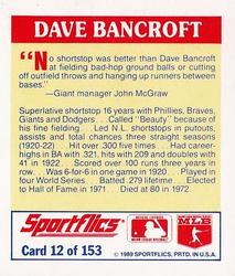 1989 Sportflics - The Unforgetables #12 Dave Bancroft Back