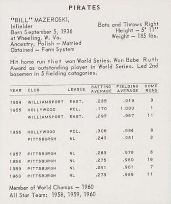 1961 Kahn's Wieners #NNO Bill Mazeroski Back