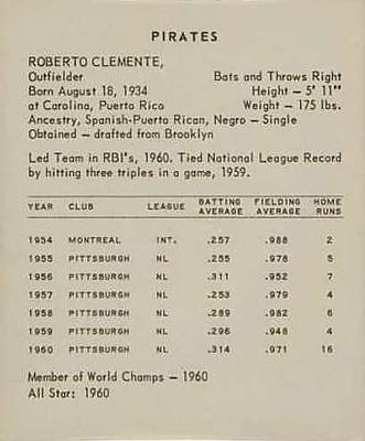 1961 Kahn's Wieners #NNO Roberto Clemente Back