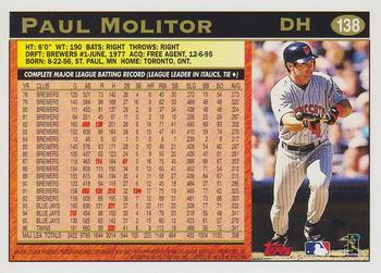 1997 Topps #138 Paul Molitor Back