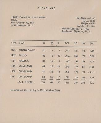 1962 Kahn's Wieners #NNO Jim Perry Back