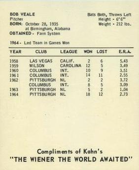 1965 Kahn's Wieners #NNO Bob Veale   Back