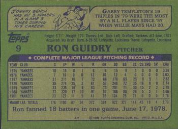 1982 Topps - Blackless #9 Ron Guidry Back