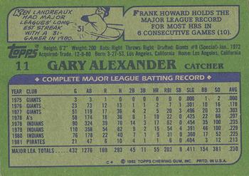 1982 Topps - Blackless #11 Gary Alexander Back