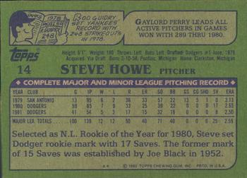 1982 Topps - Blackless #14 Steve Howe Back