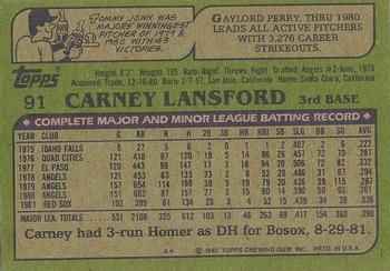 1982 Topps - Blackless #91 Carney Lansford Back