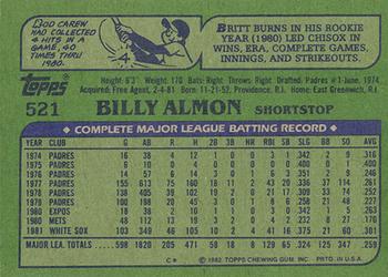 1982 Topps - Blackless #521 Billy Almon Back