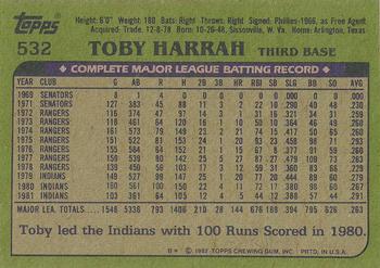1982 Topps - Blackless #532 Toby Harrah Back