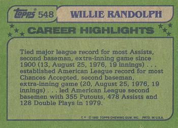 1982 Topps - Blackless #548 Willie Randolph Back
