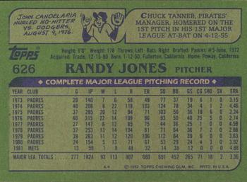 1982 Topps - Blackless #626 Randy Jones Back