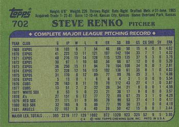 1982 Topps - Blackless #702 Steve Renko Back
