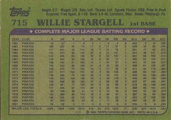 1982 Topps - Blackless #715 Willie Stargell Back