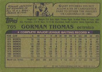 1982 Topps - Blackless #765 Gorman Thomas Back