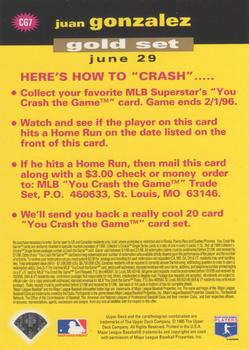 1995 Collector's Choice - You Crash the Game Gold #CG7 Juan Gonzalez Back