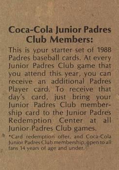1988 Coca-Cola San Diego Padres Junior Club #NNO Header Card Back