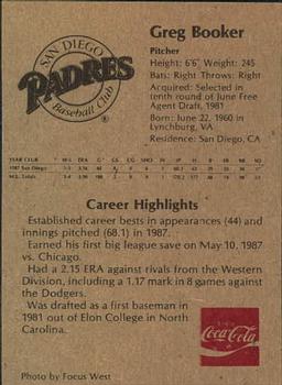 1988 Coca-Cola San Diego Padres Junior Club #NNO Greg Booker Back