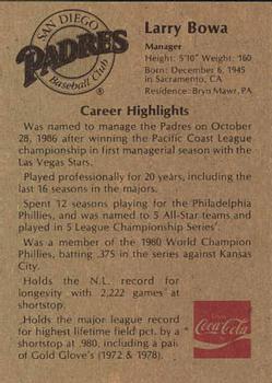 1988 Coca-Cola San Diego Padres Junior Club #NNO Larry Bowa Back