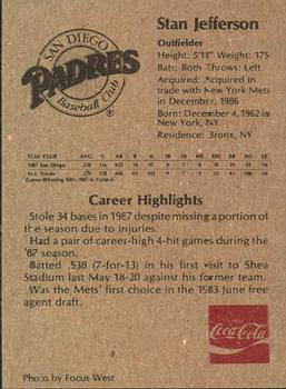 1988 Coca-Cola San Diego Padres Junior Club #NNO Stan Jefferson Back