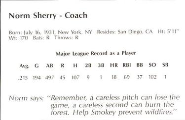 1984 San Diego Padres Smokey #NNO Norm Sherry Back