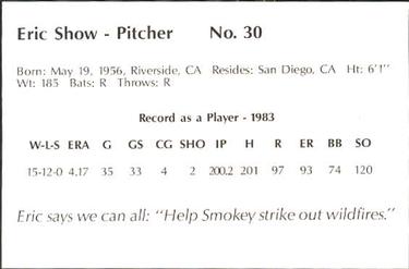 1984 San Diego Padres Smokey #NNO Eric Show Back