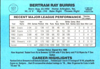 1986 Donruss #107 Ray Burris Back