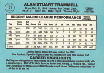 1986 Donruss #171 Alan Trammell Back