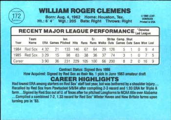 1986 Donruss #172 Roger Clemens Back