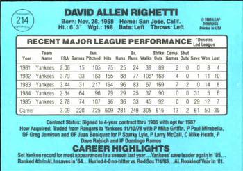 1986 Donruss #214 Dave Righetti Back