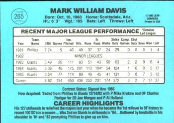 1986 Donruss #265 Mark Davis Back