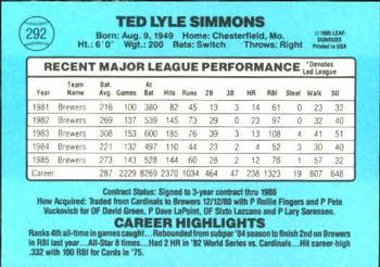 1986 Donruss #292 Ted Simmons Back