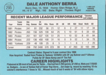 1986 Donruss #295 Dale Berra Back