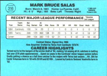 1986 Donruss #316 Mark Salas Back