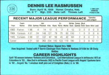 1986 Donruss #336 Dennis Rasmussen Back