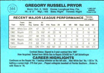 1986 Donruss #344 Greg Pryor Back