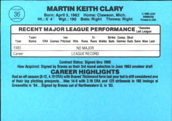1986 Donruss #36 Marty Clary Back
