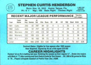1986 Donruss #375 Steve Henderson Back