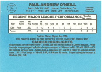 1986 Donruss #37 Paul O'Neill Back