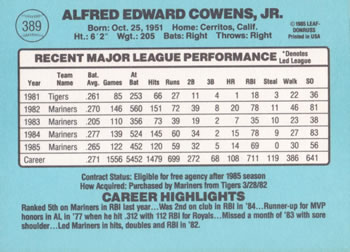 1986 Donruss #389 Al Cowens Back