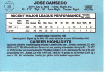 1986 Donruss #39 Jose Canseco Back