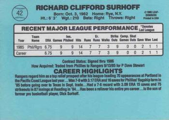 1986 Donruss #42 Rick Surhoff Back