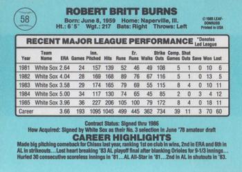 1986 Donruss #58 Britt Burns Back