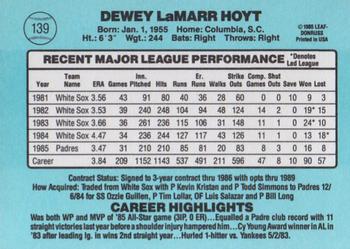 1986 Donruss #139 LaMarr Hoyt Back
