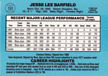 1986 Donruss #193 Jesse Barfield Back