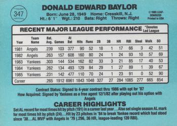 1986 Donruss #347 Don Baylor Back