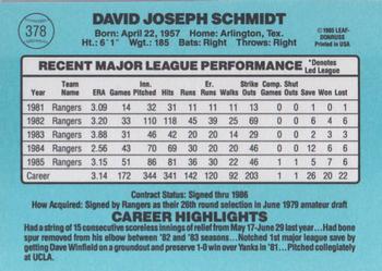1986 Donruss #378 Dave Schmidt Back
