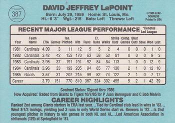 1986 Donruss #387 Dave LaPoint Back
