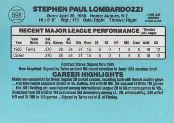 1986 Donruss #598 Steve Lombardozzi Back