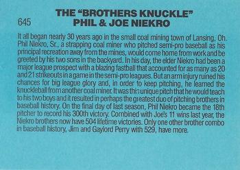 1986 Donruss #645 Knuckle Brothers (Phil Niekro / Joe Niekro) Back