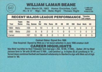 1986 Donruss #647 Billy Beane Back
