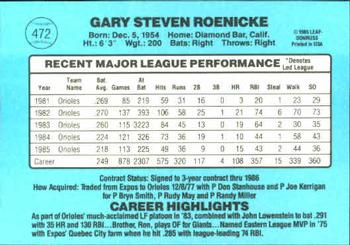 1986 Donruss #472 Gary Roenicke Back